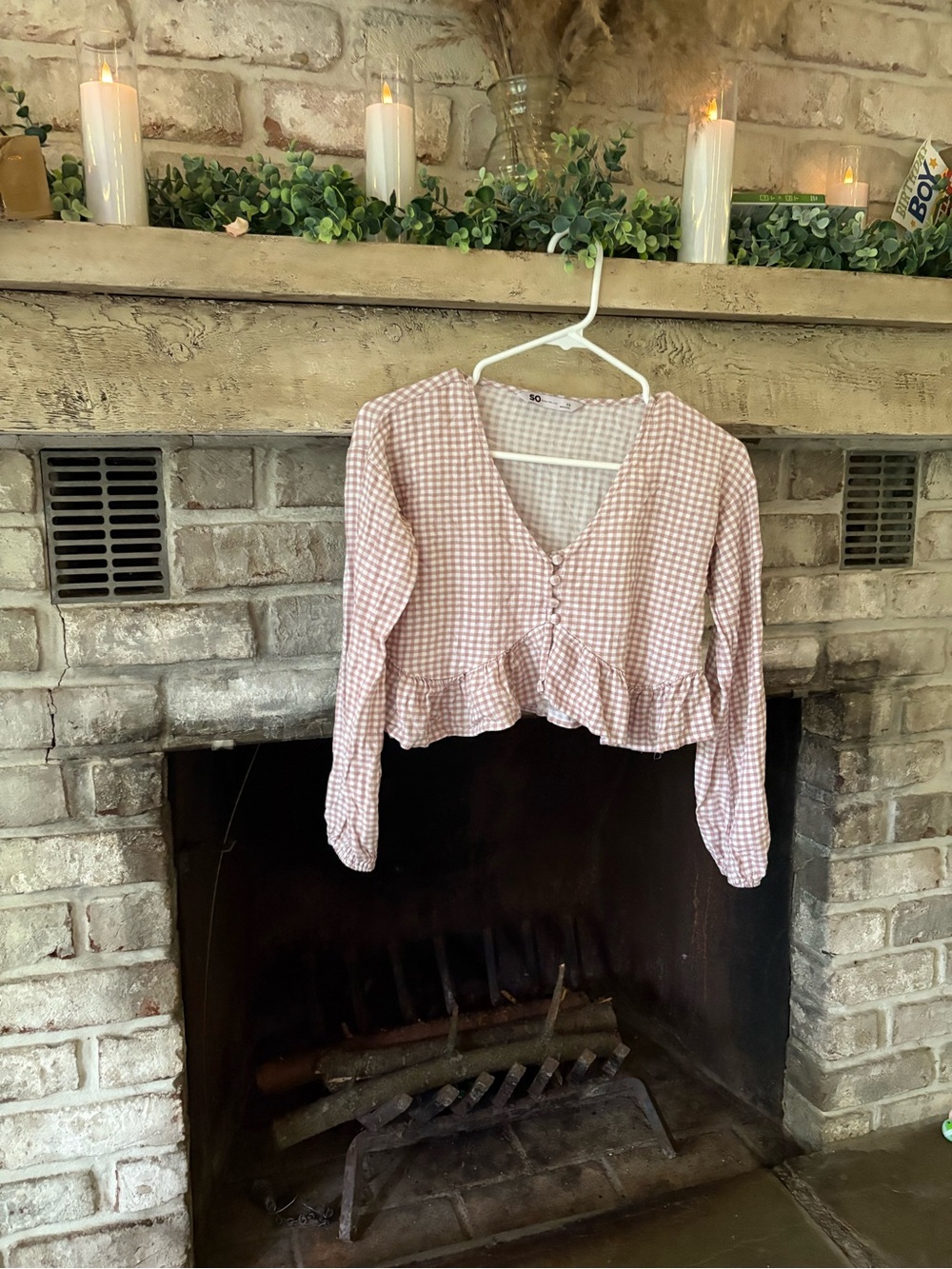 SO Pink & White Gingham V-Neck Button Top